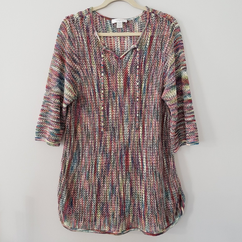 CJ Banks Open Knit Sweater Tunic Top SZ 1X Festival Boho Hippie Rainbow Cover Up - Picture 2 of 8